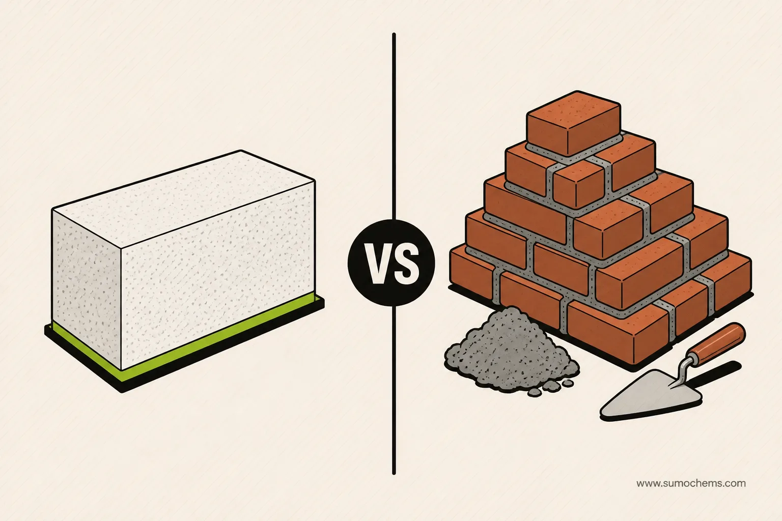 AAC blocks vs red bricks — SUMO knowledge illustration AAC Blocks vs Red Bricks: The Material Maths for One Wall