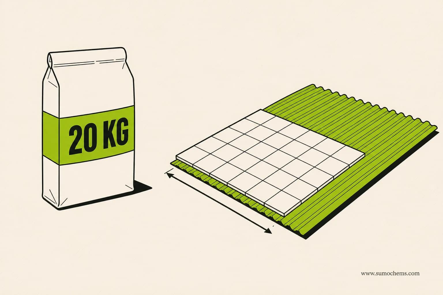 Tile adhesive coverage per 20 kg bag — SUMO knowledge illustration Tile Adhesive Coverage: How Much Area Does a 20 kg Bag Really Cover?