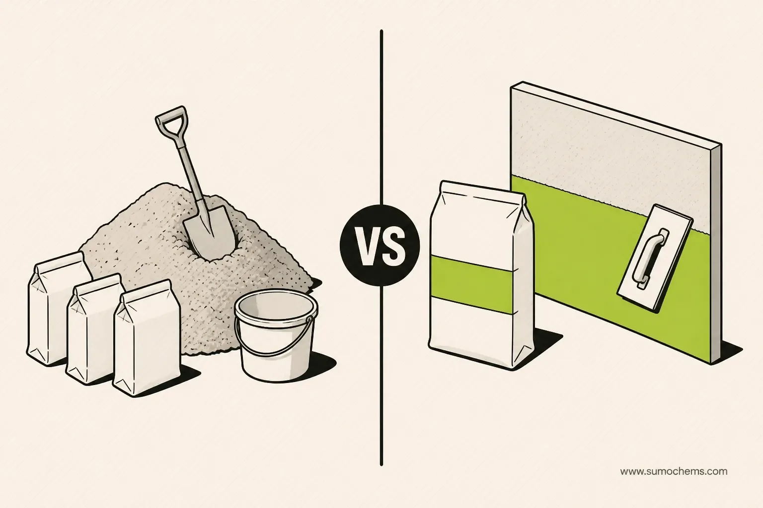 Ready-mix plaster coverage per 40 kg bag — SUMO knowledge illustration Ready-Mix Plaster Coverage: What One 40 kg Bag Does — and How Site-Mix Compares