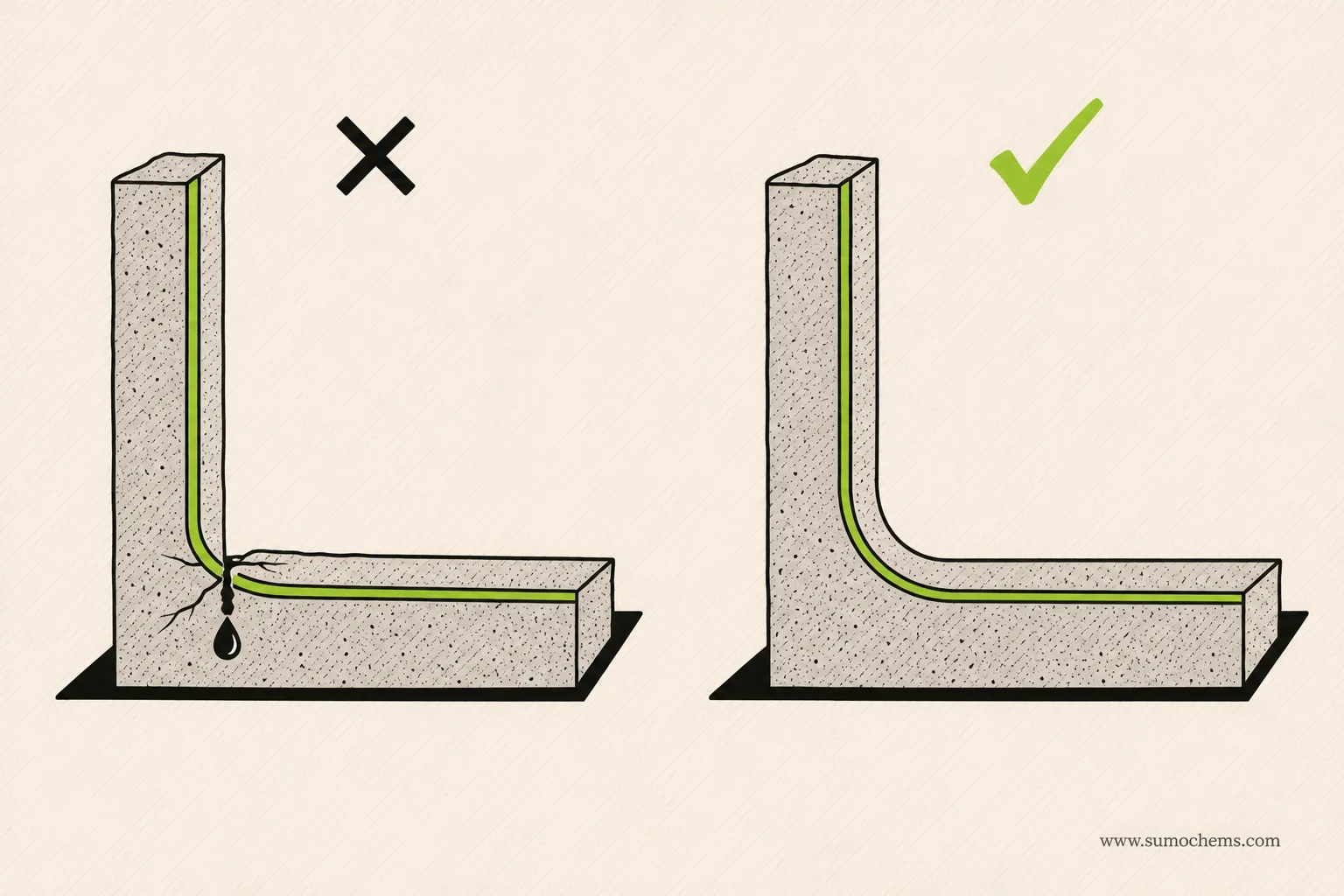 Cross-section comparison: a sharp corner with cracked waterproofing versus a rounded cove fillet with an intact coat