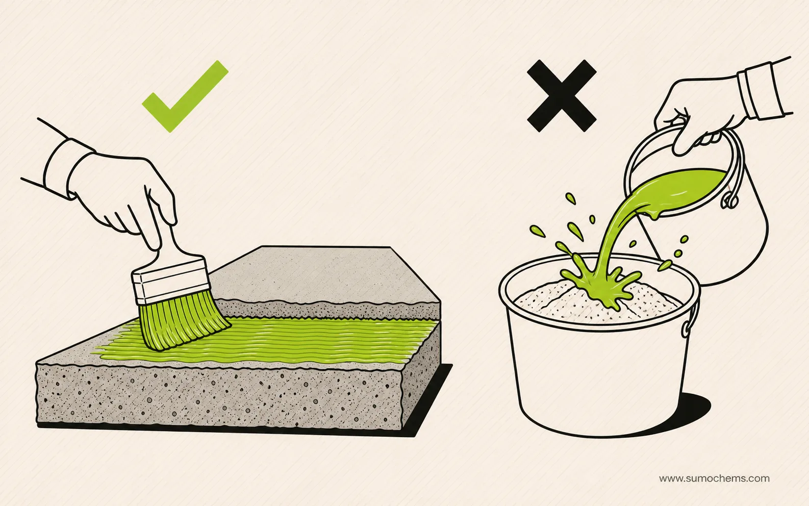 Two panels: using SBR as a bonding slurry on an old floor (correct) versus splashing it into bagged adhesive (wasteful)