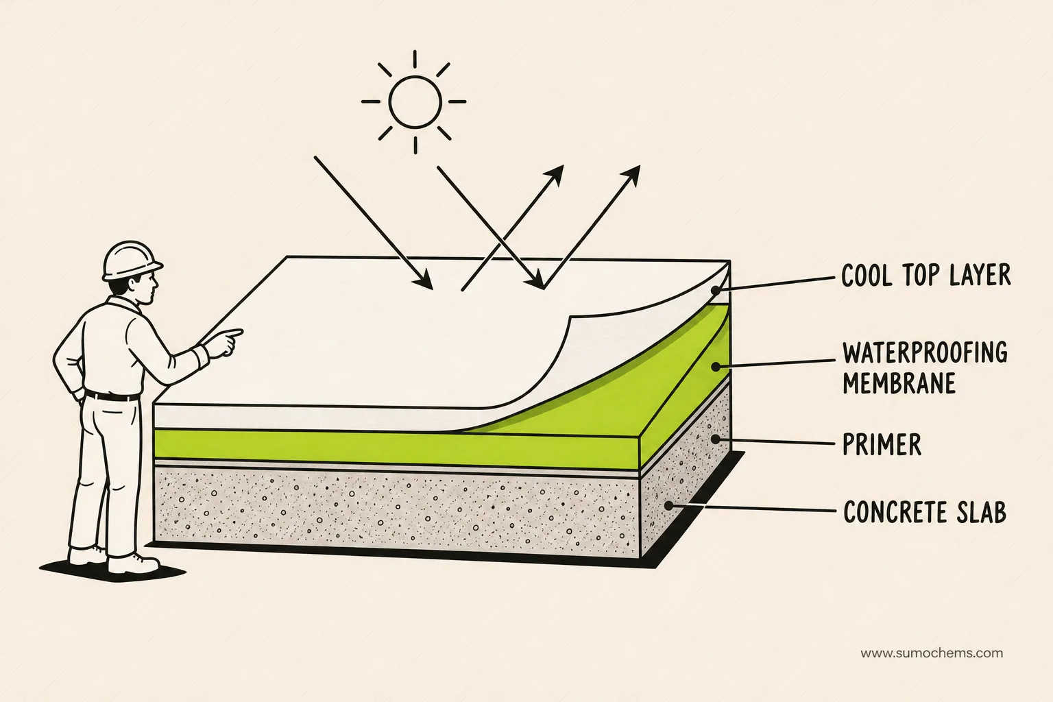 Cross-section build-up of a terrace: slab, primer, waterproofing membrane and a reflective cool top layer