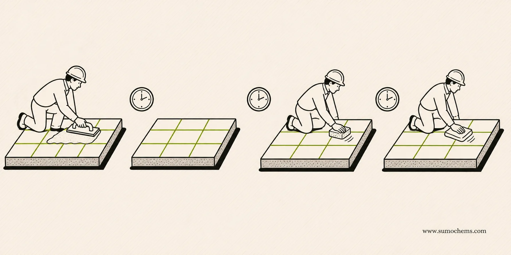 Timeline of the grout clean-up window: fill, wait, sponge clean, buff off the haze