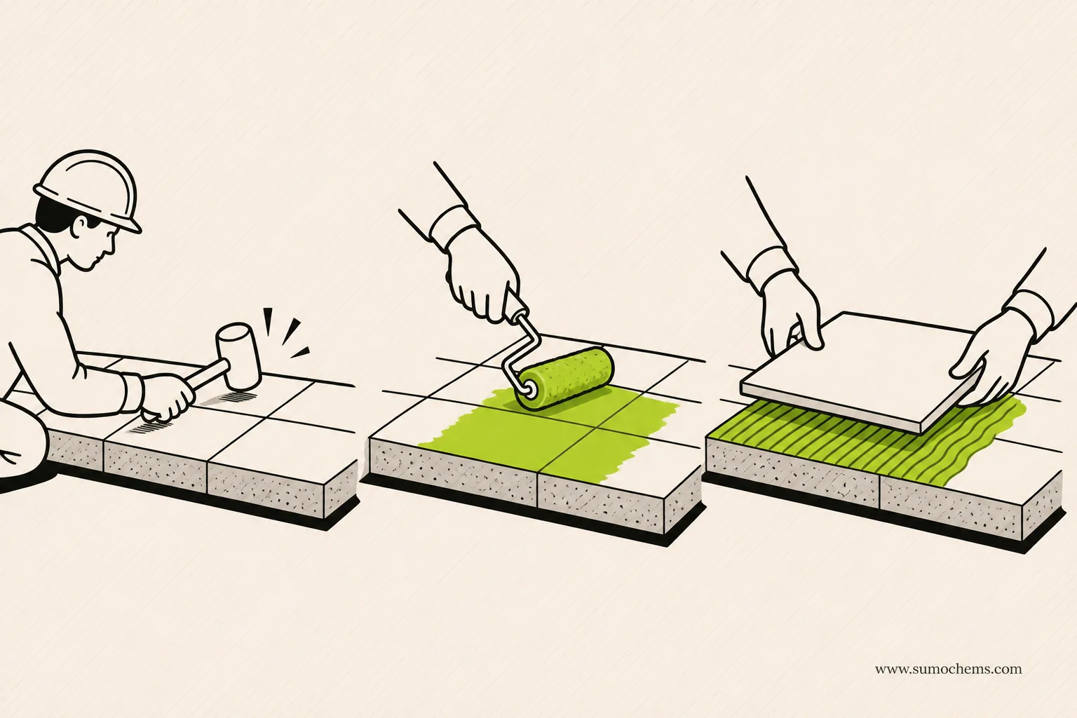Three prep steps for tiling over tiles: tap-test, prime the glaze, set the new tile in adhesive