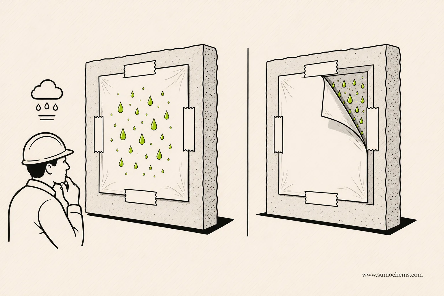 The foil test: moisture on the room side means condensation; moisture behind the foil means water through the wall