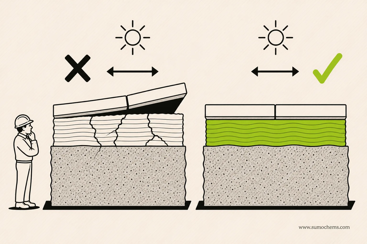 Cross-section: a rigid adhesive cracks and the tile lifts, while a deformable adhesive flexes and the tile stays down