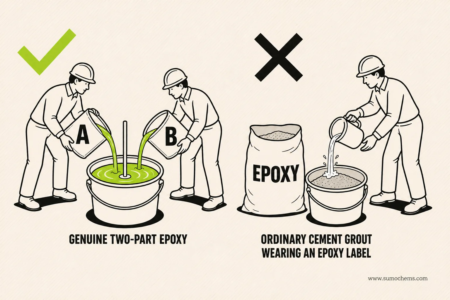 Two-part epoxy grout mixed from A and B components versus a single powder-and-water cement grout labelled as epoxy