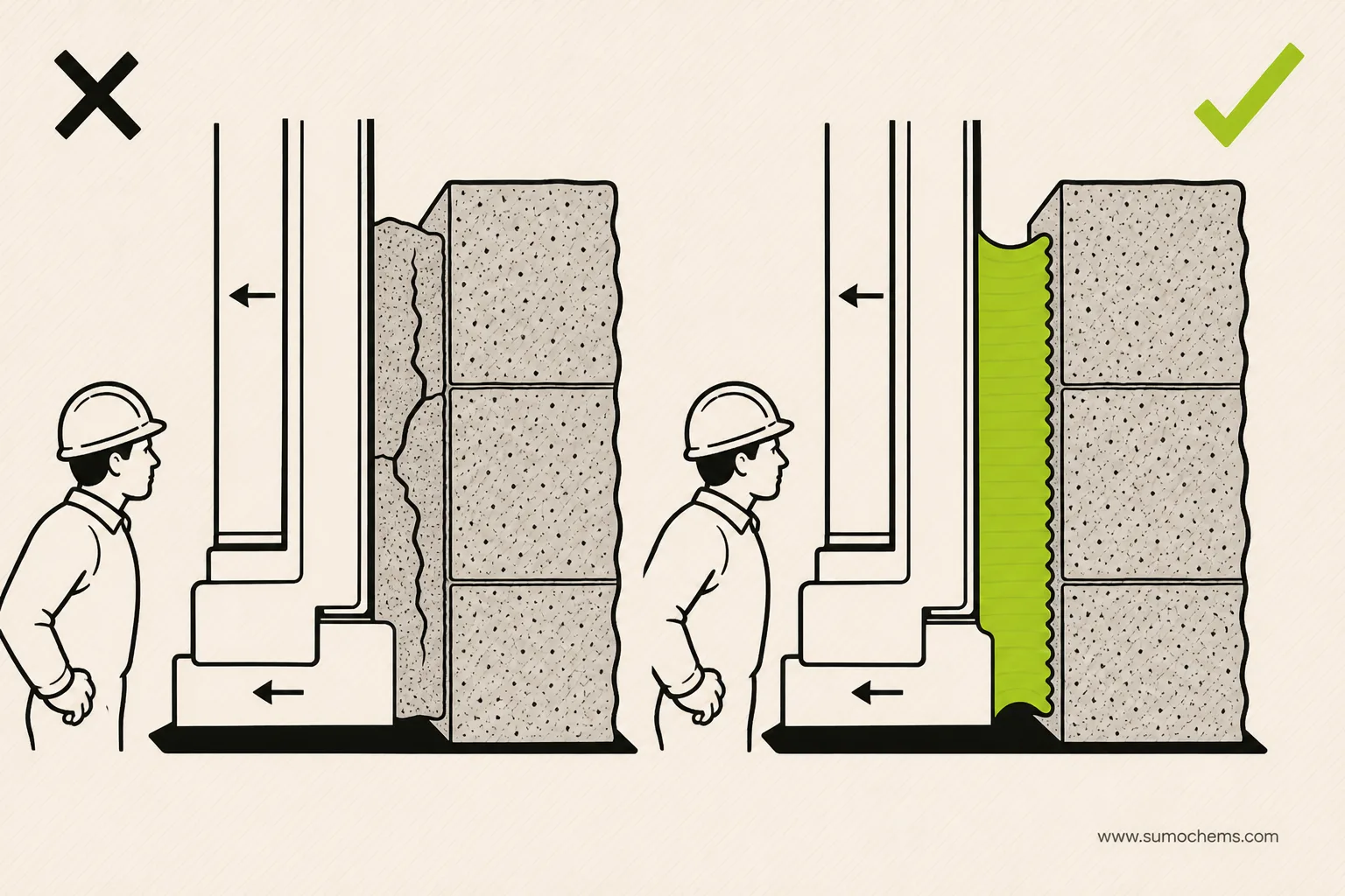 The frame-to-wall gap filled with rigid mortar that cracks versus a flexible sealant that stretches and stays sealed