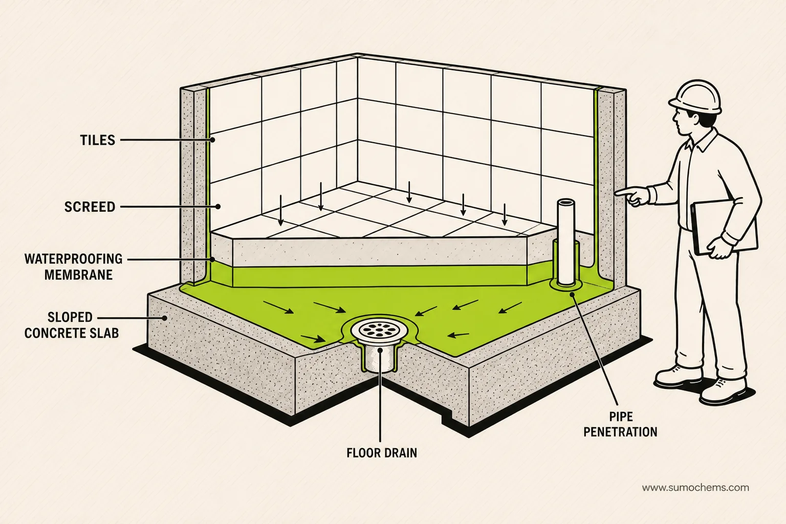 Cross-section of a correctly tanked sunken bathroom: sloped slab, membrane turned up the walls and around the drain, screed, tiles