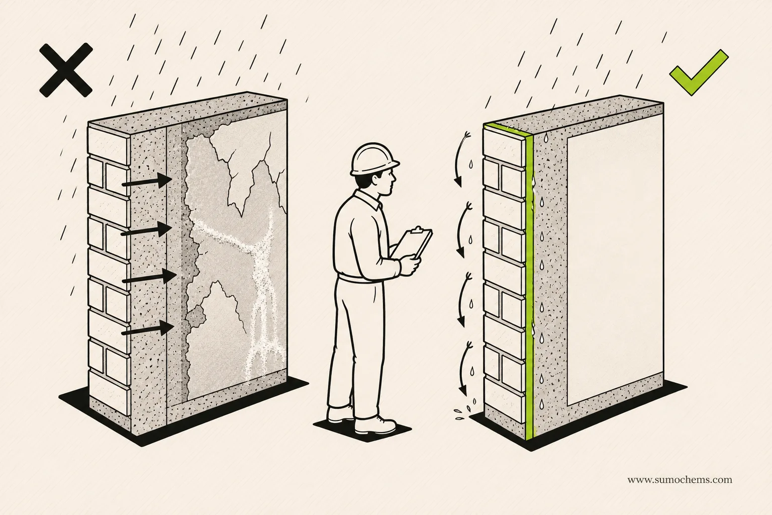 Cross-section: an unprotected wall soaks rain in and blooms salt, while a waterproof-coated wall sheds the rain
