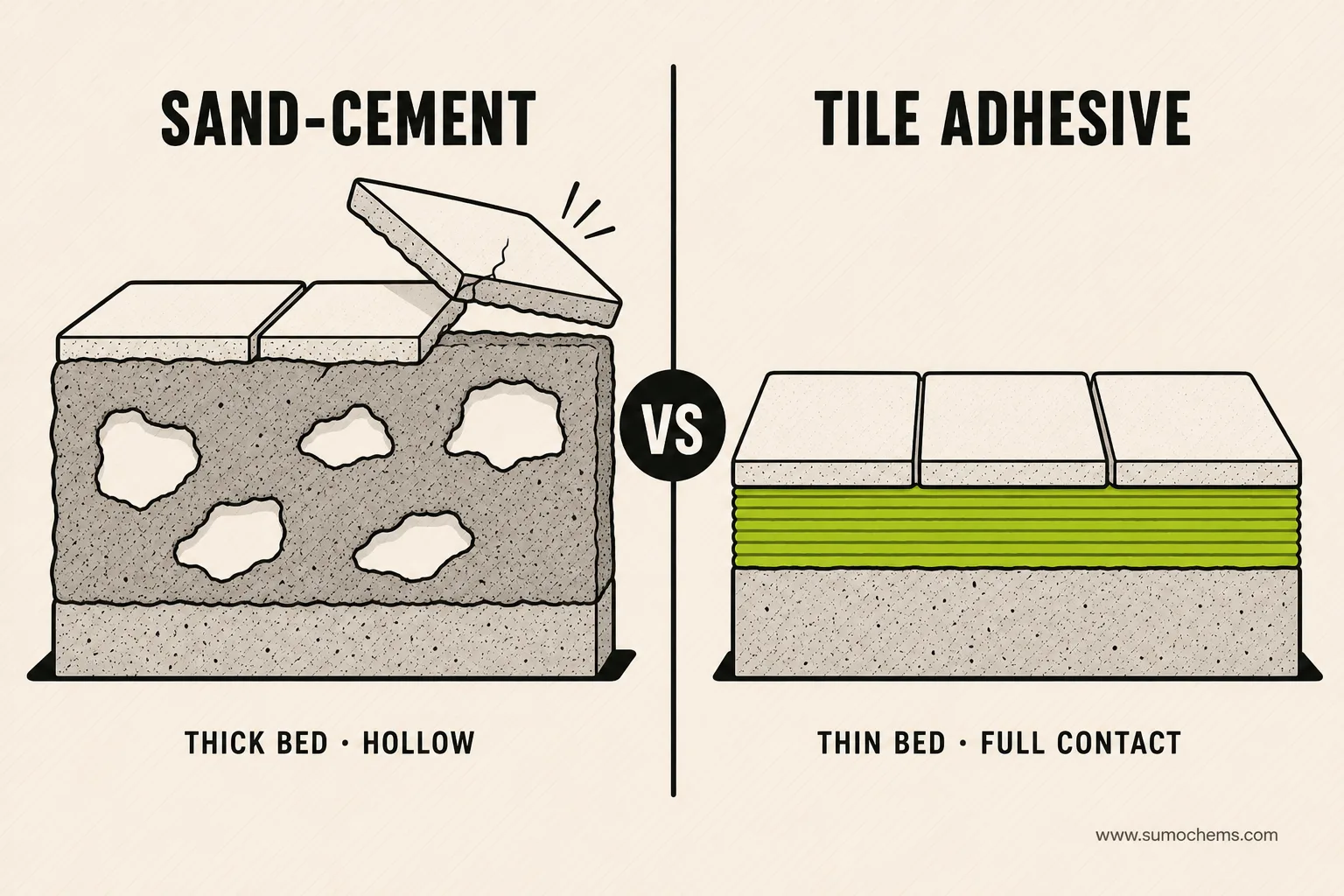 Cutaway comparison: a thick sand-cement bed full of voids with a tile popping off, versus a thin lime-green tile adhesive bed in full contact under level tiles