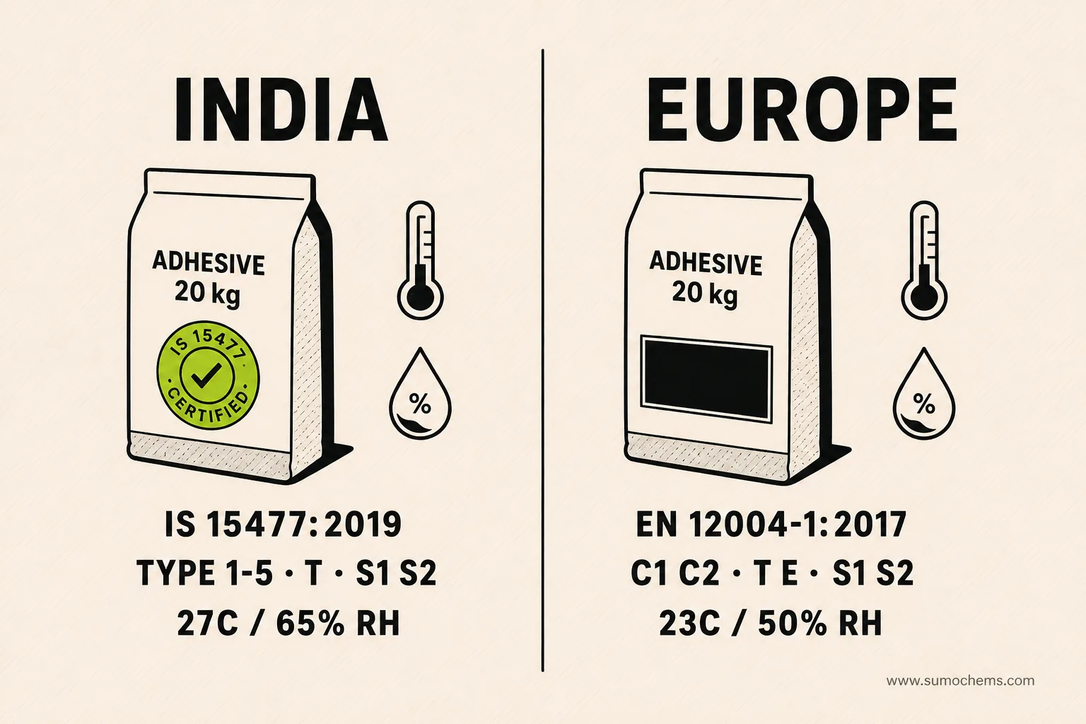 Side-by-side comparison of the Indian and European tile adhesive standards: IS 15477:2019 with Types 1-5 tested at 27C and 65% RH, versus EN 12004-1:2017 with C1/C2 classes tested at 23C and 50% RH