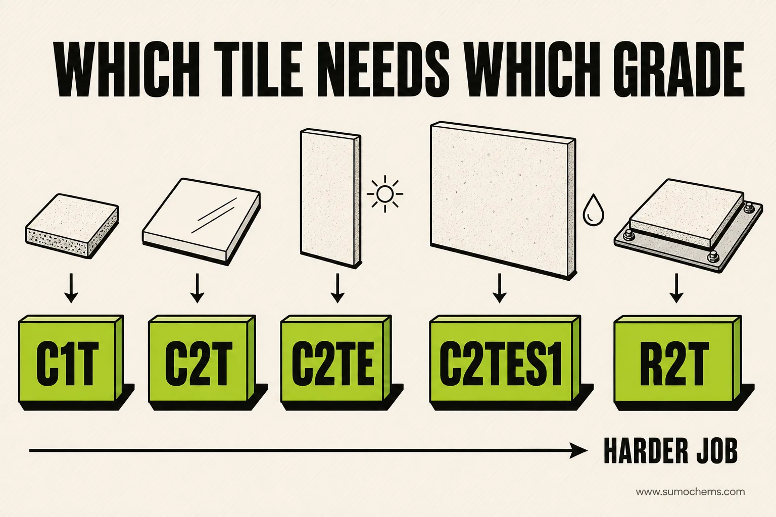 Selection chart matching tile type to adhesive grade: porous ceramic to C1T, vitrified to C2T, exterior to C2TE, large slab in wet areas to C2TES1, tile on metal to R2T