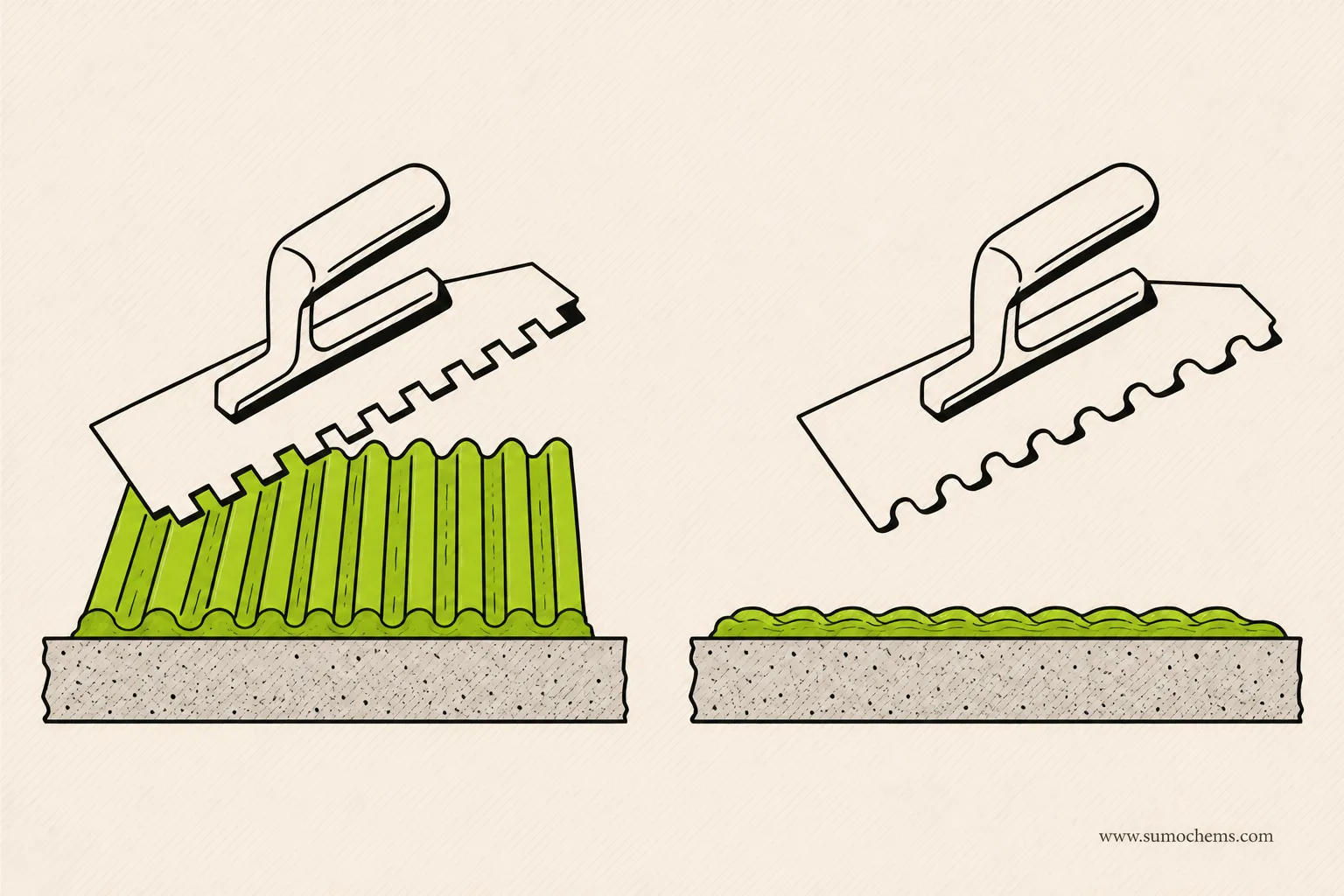 A sharp square-notch trowel lays tall, deep ridges; a worn rounded-notch trowel lays shallow, flat ridges that dry out fast